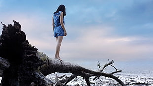 standing man in blue romper shorts standing on brown tree trunk during daytime
