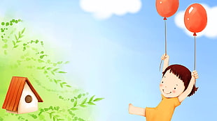 girl holding two red balloons during daytime illustratrion