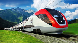 white and red train, vehicle, nature, hills, clouds