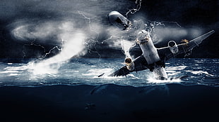 white airplane crashed on body of water digital wallpaper, storm, airplane, crash