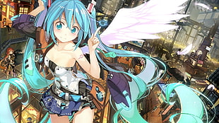 blue haired female anime character, long hair, Vocaloid, Hatsune Miku, wings
