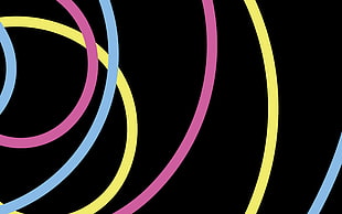 pink, blue, and yellow string artworks, circle, simple background, abstract, lines