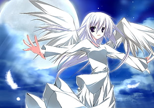white haired female anime character with white long-sleeved top and wings