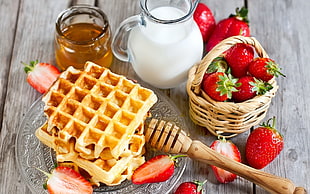 waffle and strawberries, food, colorful, breakfast, strawberries