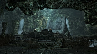 gray cave game application screenshot, The Elder Scrolls V: Skyrim, cave, runes