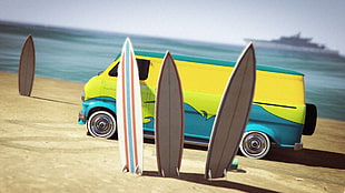 three assorted-color surfboards, Grand Theft Auto V, Grand Theft Auto Online, vans, surfboards HD wallpaper