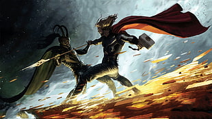 Marvel Thor and Loki painting, comics, Thor, Loki, Marvel Comics HD wallpaper
