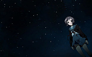 gray haired female anime character standing under stars during night time illustration