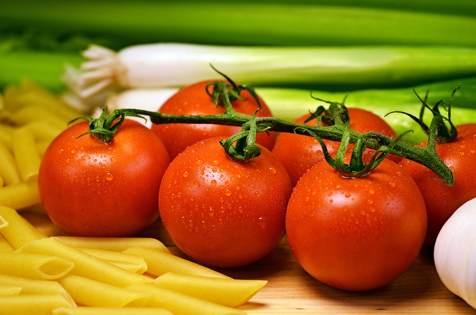 six red Tomatoes with string onions HD wallpaper
