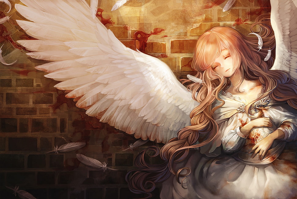 female anime character illustration, fantasy art, angel, blood, white HD wallpaper