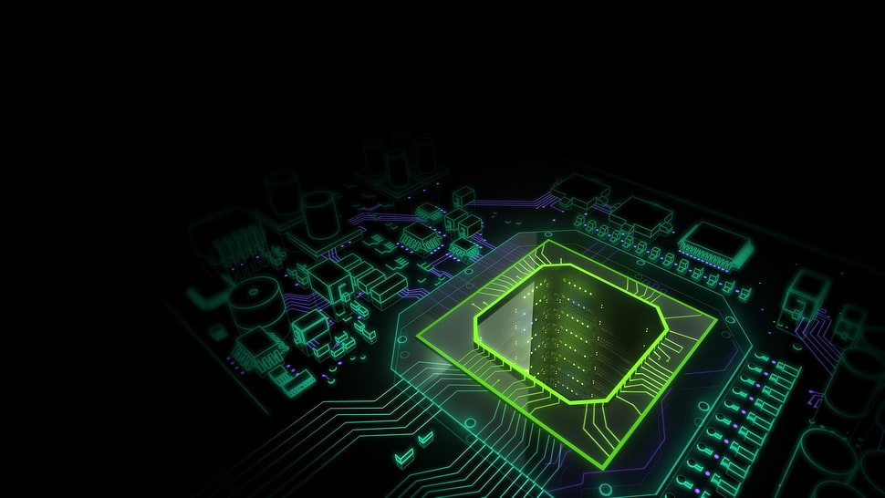 green and purple circuit board illustration HD wallpaper