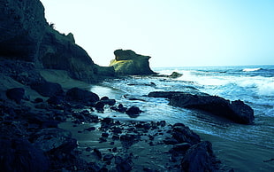 black rock lot, water, rock, landscape, coast HD wallpaper