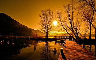 brown wooden dock, nature, landscape, lake, sunset