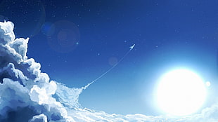 white cloud painting, sky, Sun, clouds, stars