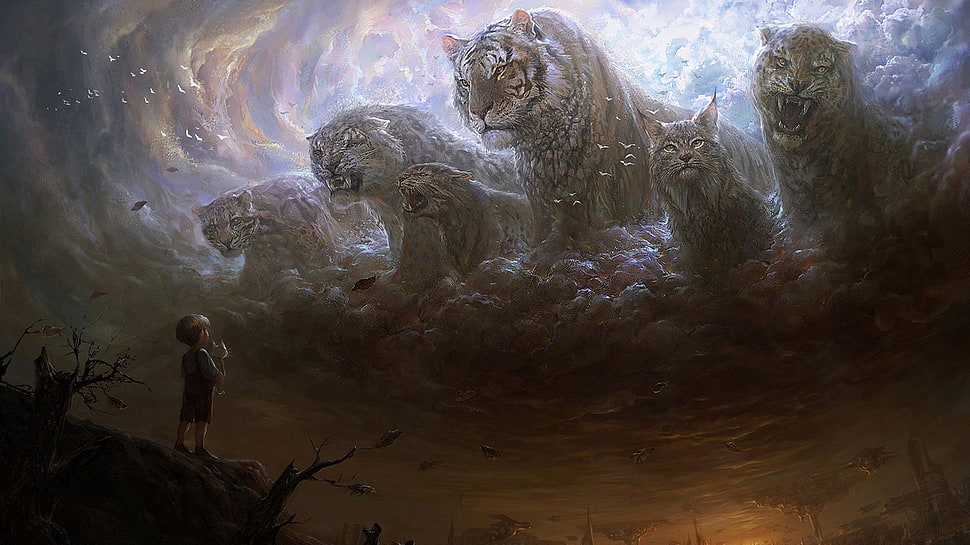 boy looking at five tiger clouds, artwork, fantasy art, digital art, tiger HD wallpaper