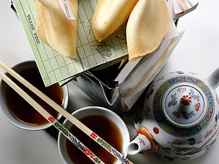 white and multicolor ceramic teapot and cups with chopstick HD wallpaper