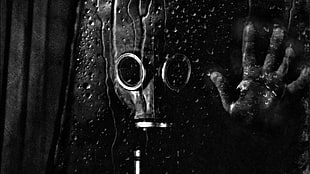 black gas mask, gas masks, water drops, monochrome HD wallpaper