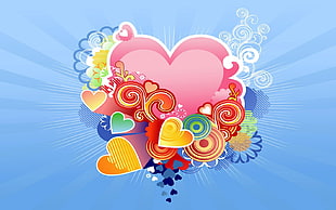pink, orange, red, green, and yellow multicolored heart illustration