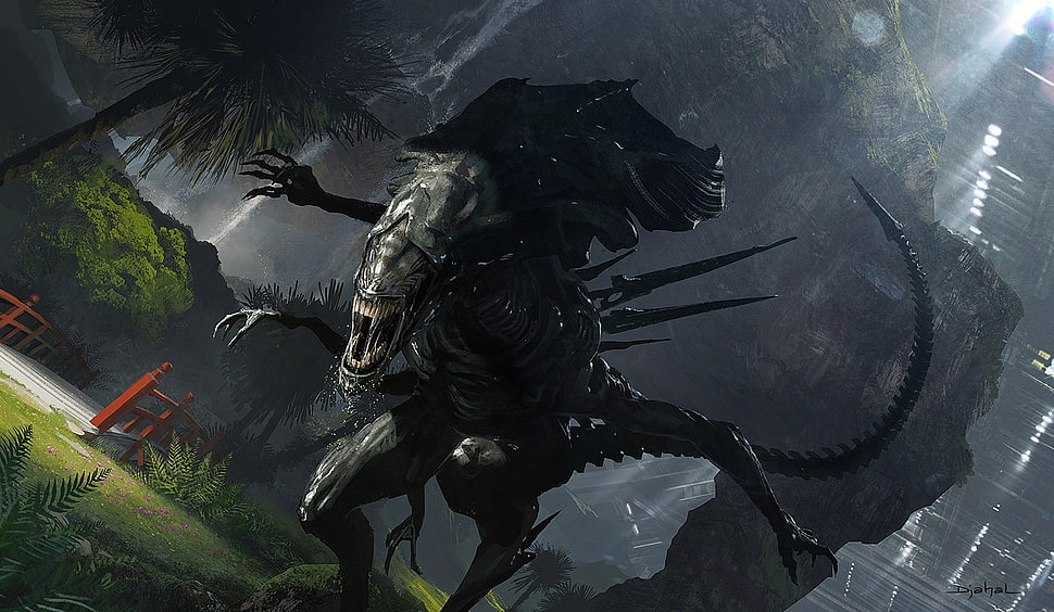 monster surround by trees game poster, aliens, Xenomorph, artwork, creature HD wallpaper