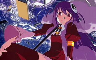 purple hair female anime character holding umbrella