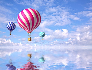 three pink, blue, and teal air balloons HD wallpaper