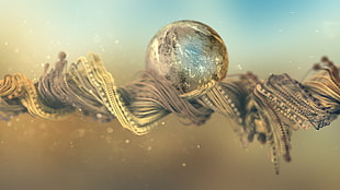 two brown-and-black fish, waveforms, CGI, text, digital art