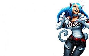 female tiger character illustration, Darkstalkers, Felicia, blue hair HD wallpaper