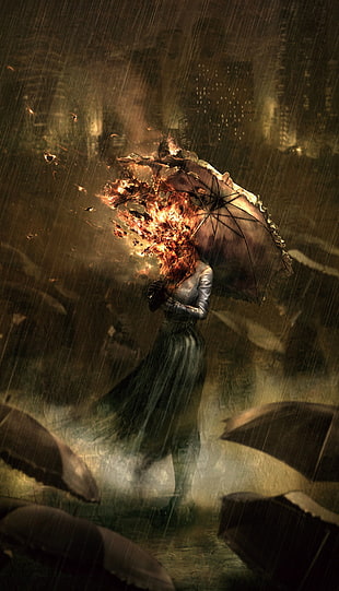 burning woman with umbrella during rainy season wallpaper