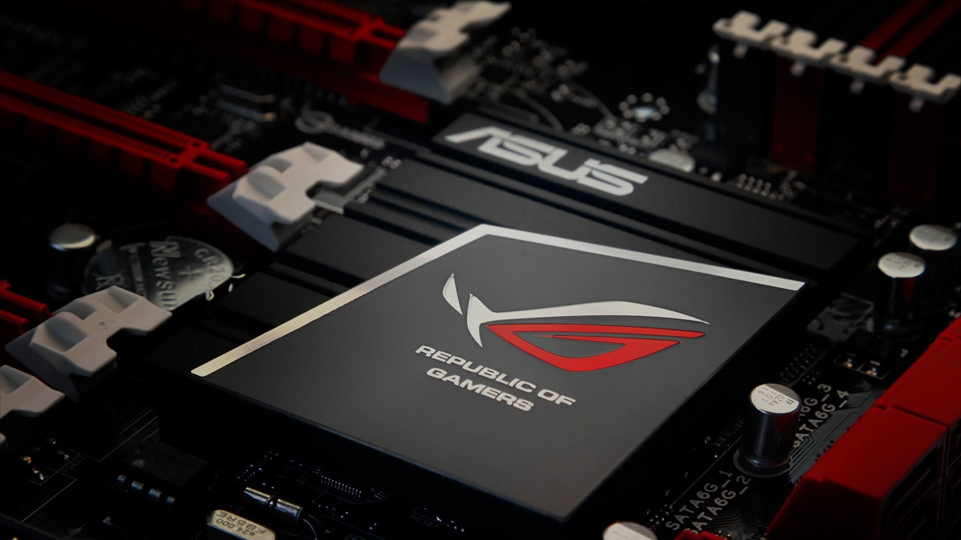 closeup photo of ASUS ROG motherboard