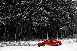 red sedan, Jaguar, winter, snow, car