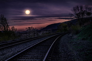 black train railway, landscape, photography, nature, Moon HD wallpaper