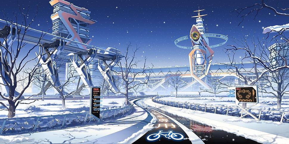 road near buildings cartoon illustration, seasons, winter, futuristic, Japan HD wallpaper
