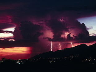 black clouds with lightnings, clouds, night, storm