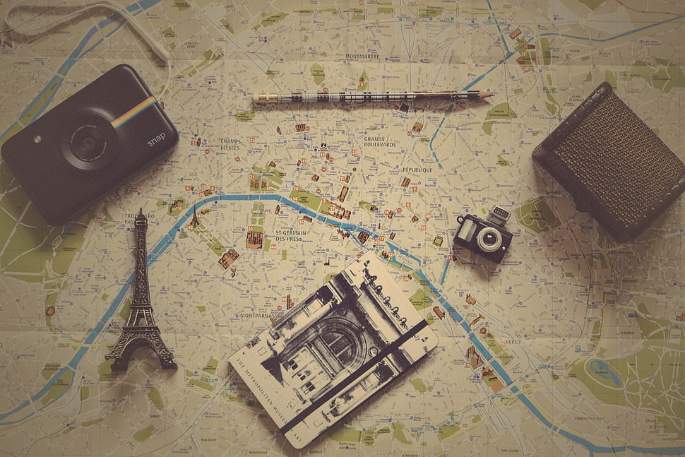 black Polaroid camera, Card, Notebook, Pencil HD wallpaper