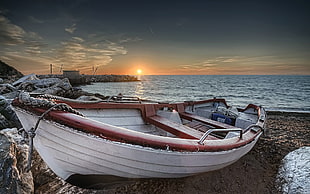 white and red wooden canoe, nature, sea, sky, sunset