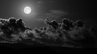 grayscale photo of full moon, clouds, monochrome, nature, landscape