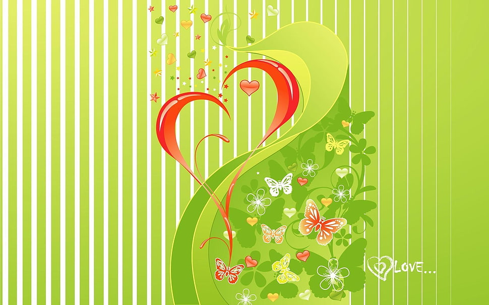 green and red heart with butterflies artwork HD wallpaper