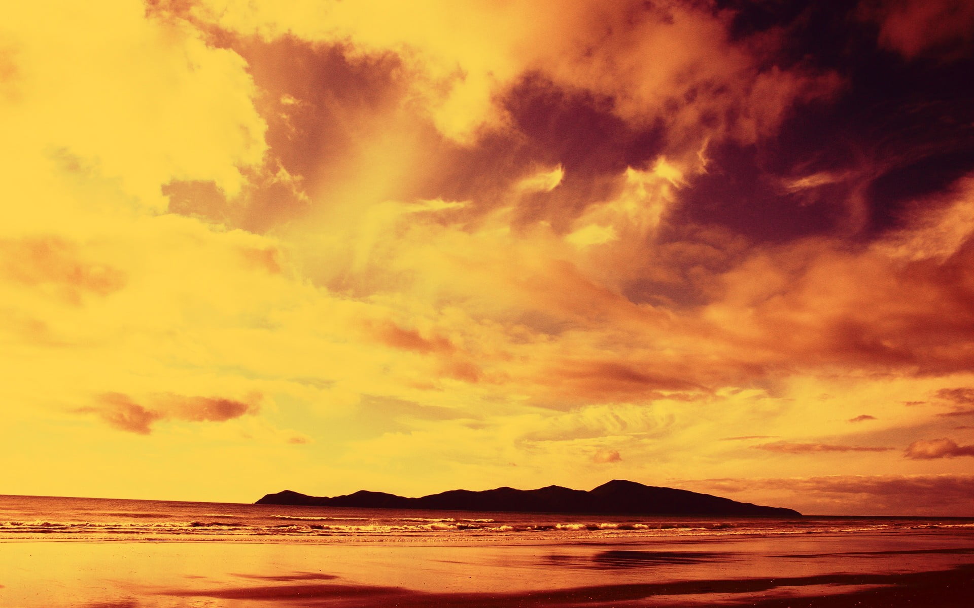 silhouette of island during golden hour, nature, filter, beach, clouds