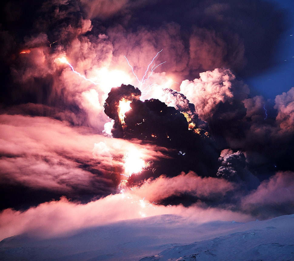 gray clouds, storm, lightning, volcano HD wallpaper