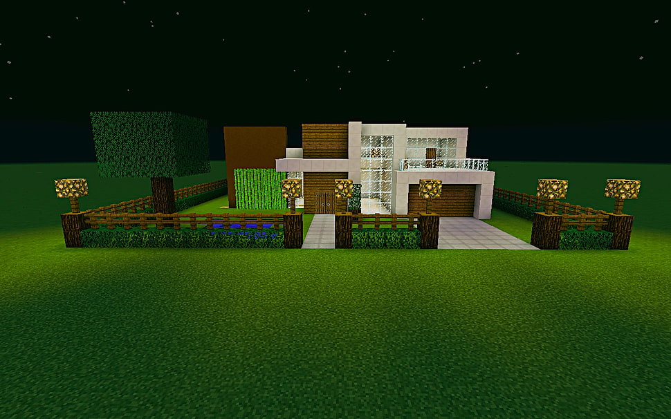 single-storey brown and white house Minecraft model HD wallpaper