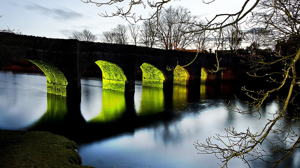 concrete bridge, nature, landscape, trees, clouds HD wallpaper
