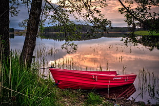red boat, nature, lake, boat, landscape HD wallpaper