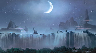 painting of waterfalls and moon