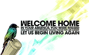white background with Welcome Home text overlay, birds, typography, quote, digital art