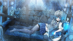 female anime character with blue hair, Touhou, blue eyes, blue hair, skirt