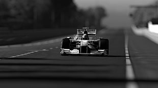 white Formula 1 racer, Formula 1, monochrome, car, race tracks HD wallpaper
