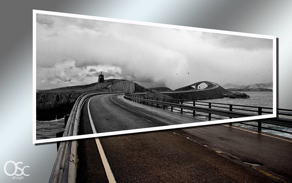 asphalt road, Norway, bridge, digital art, landscape HD wallpaper
