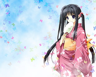 black haired female anime character wearing pink kimono HD wallpaper