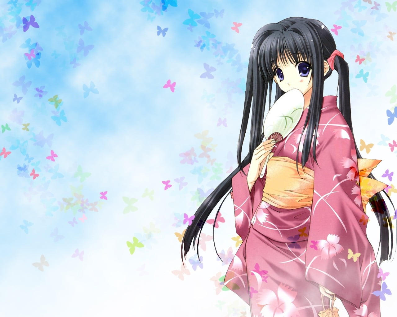 black haired female anime character wearing pink kimono
