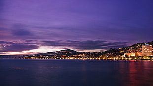 purple and white skies and City with Lights, montreux HD wallpaper